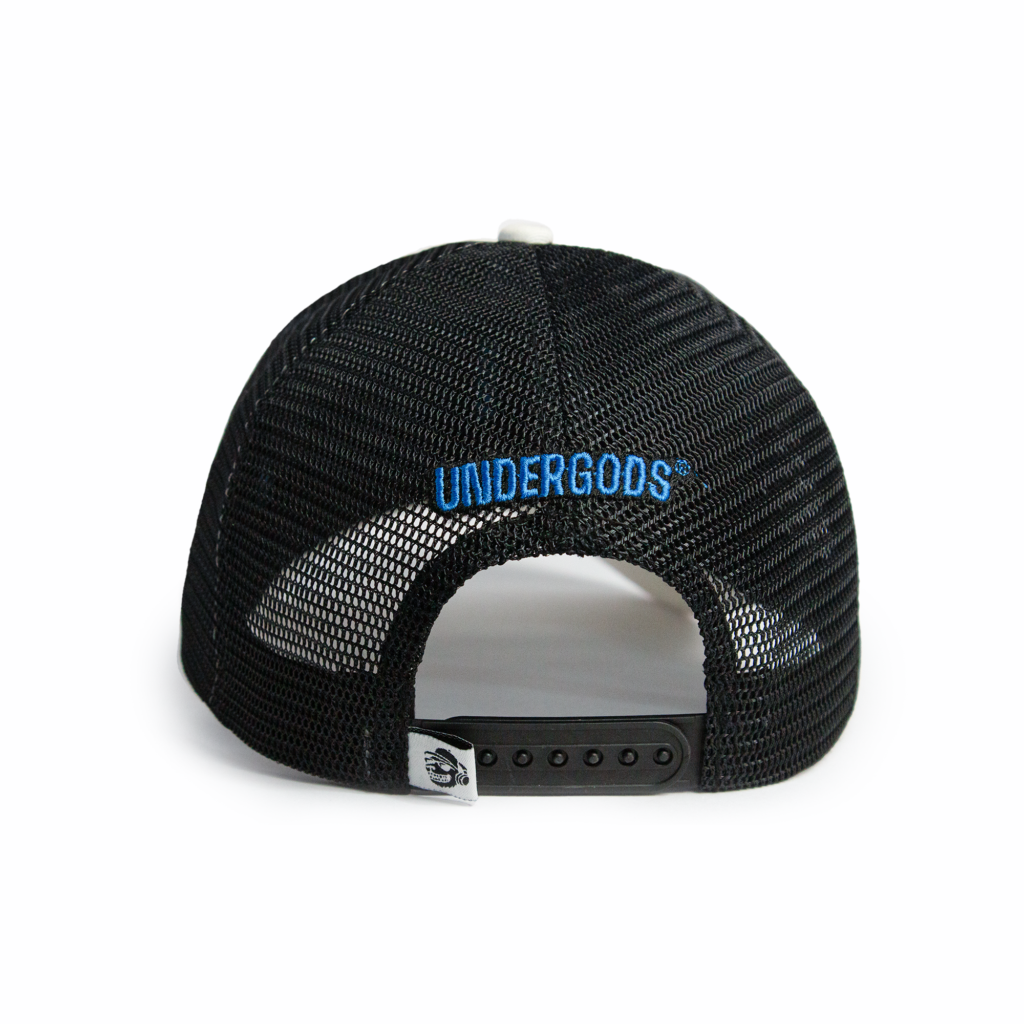 Back view of Gods black mesh trucker cap showing adjustable snapback closure — best white cap for men and women