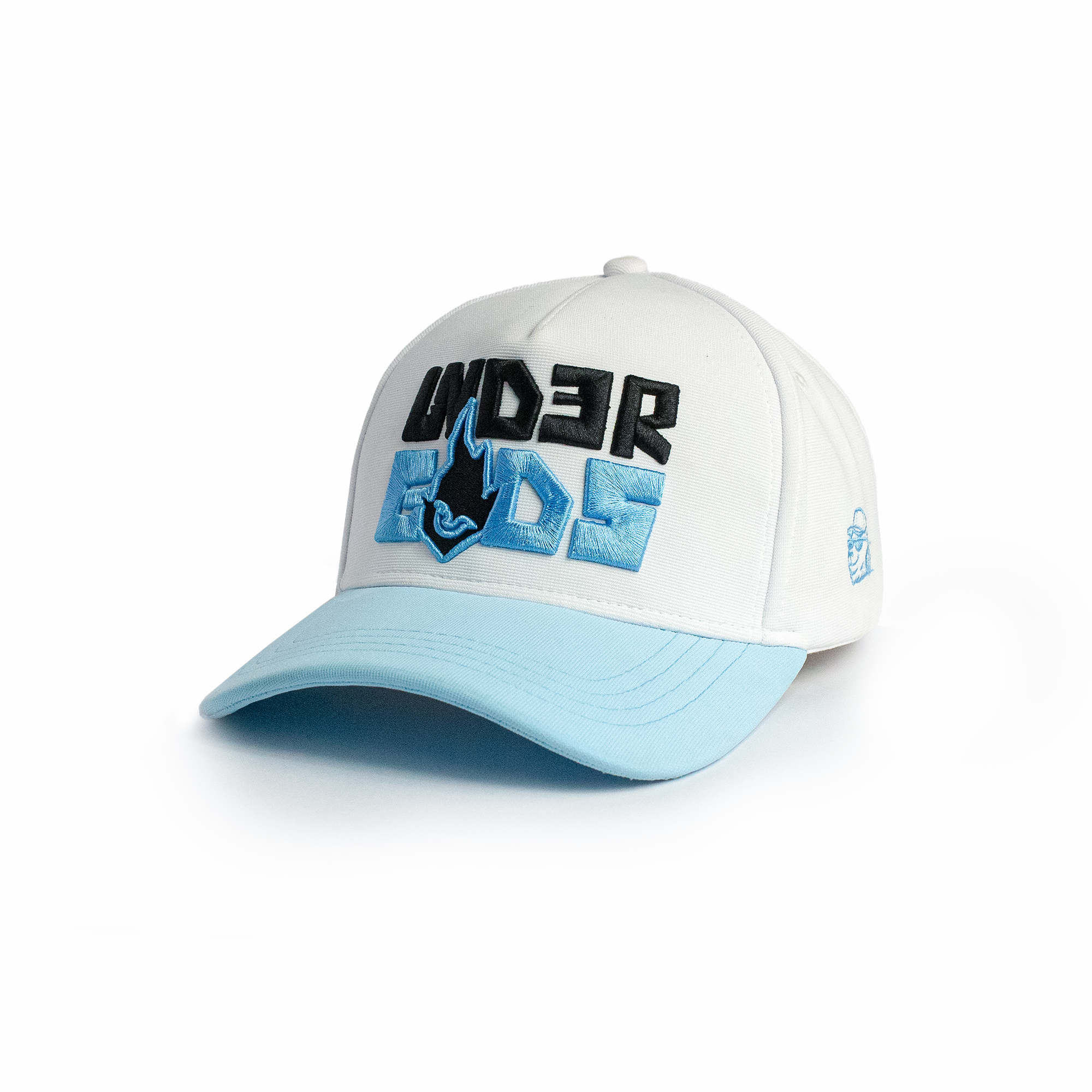 Front view of Frost Flames white baseball cap with bold blue and black embroidered graffiti lettering — premium caps for men and women