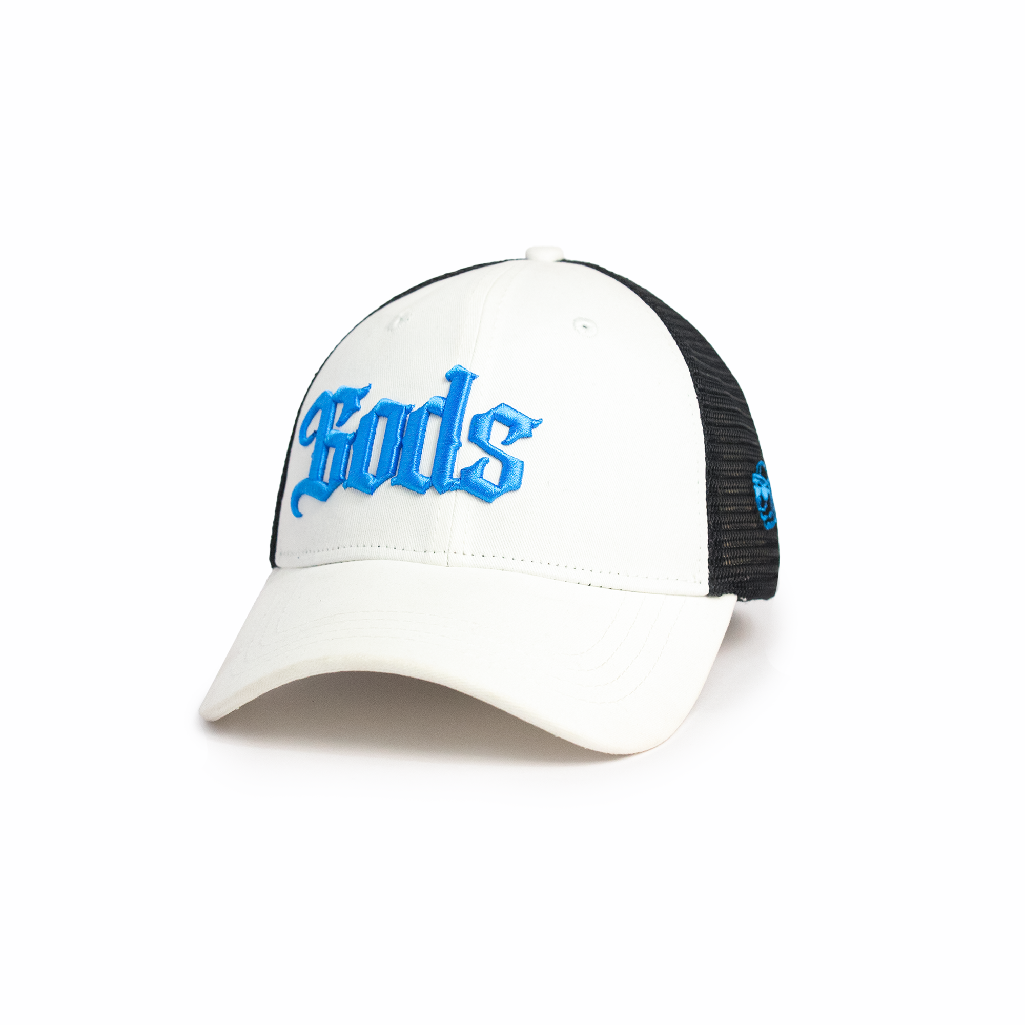 Front view of Gods white trucker cap with bold electric blue old-english embroidered lettering — premium caps for men and women