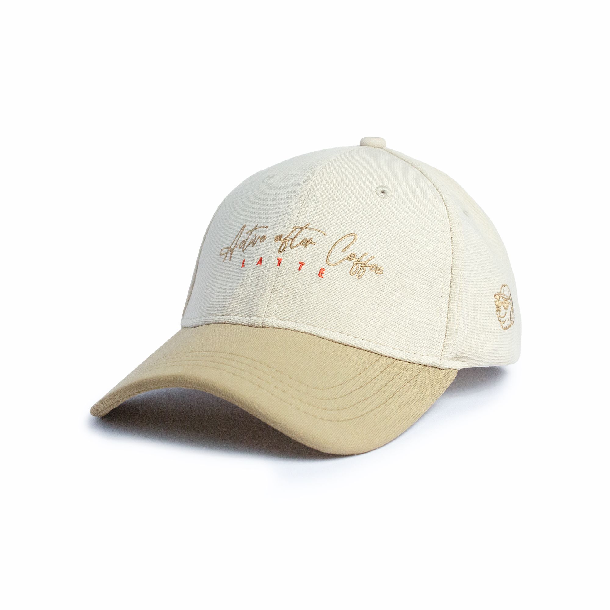 Front view of Active After Coffee cream baseball cap with elegant gold cursive script embroidery — premium caps for women and men