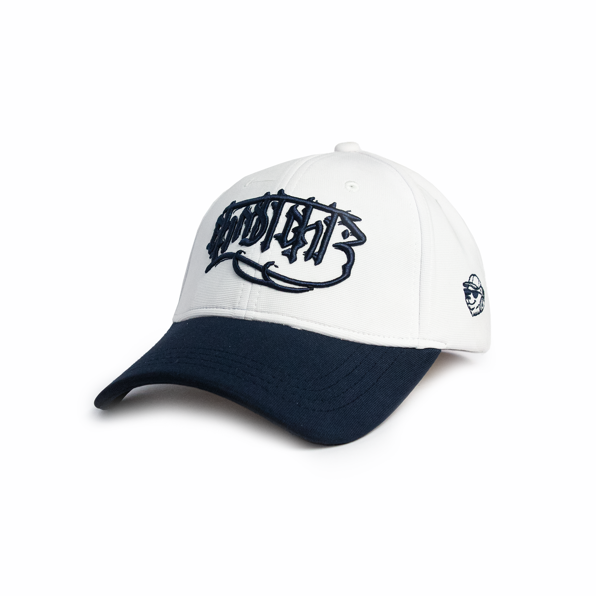 Front view of Kalakar white baseball cap with bold navy gothic embroidered lettering — premium caps for men and women