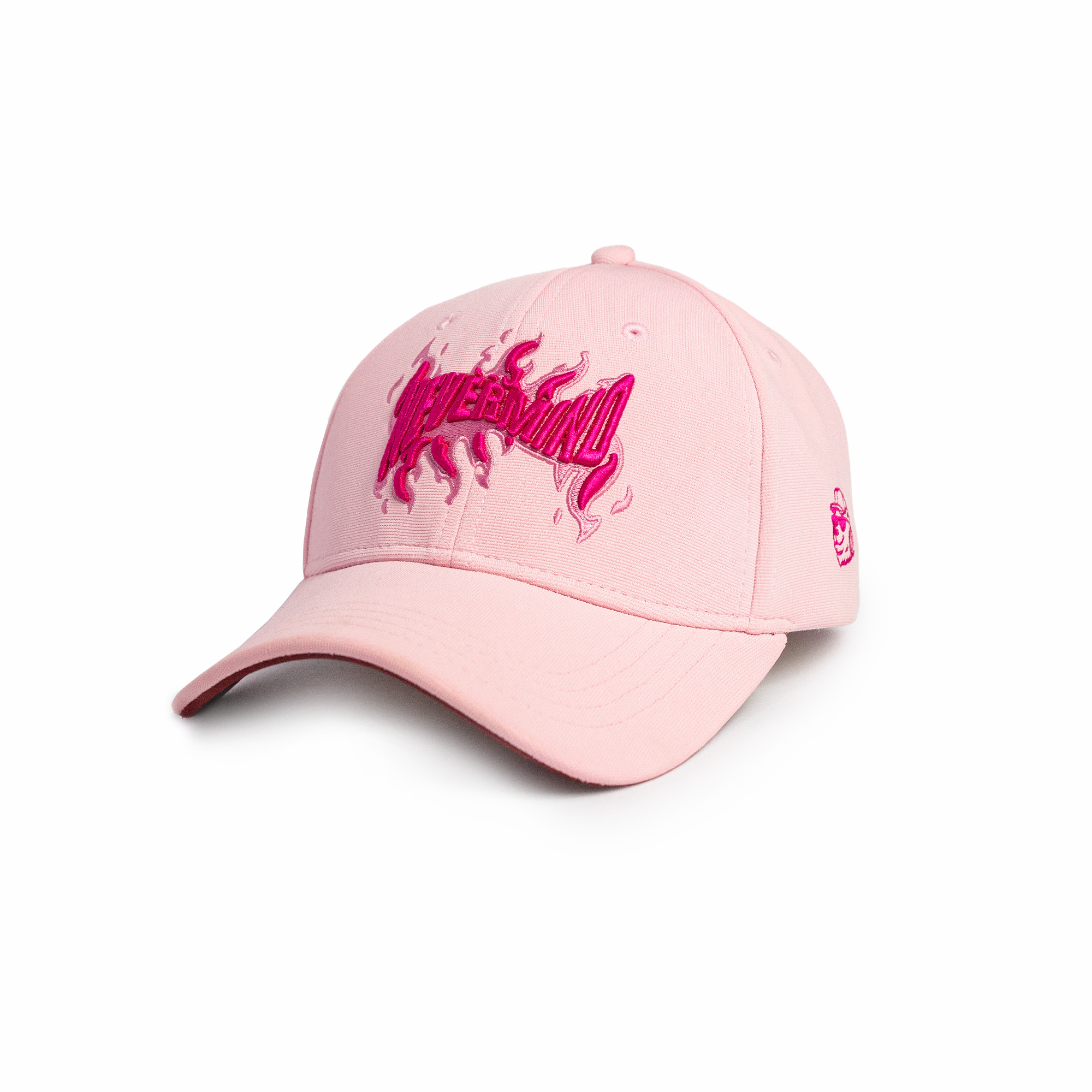 Front view of Nevermind pastel pink baseball cap with tonal hot-pink flame graphic embroidery — premium caps for women and men