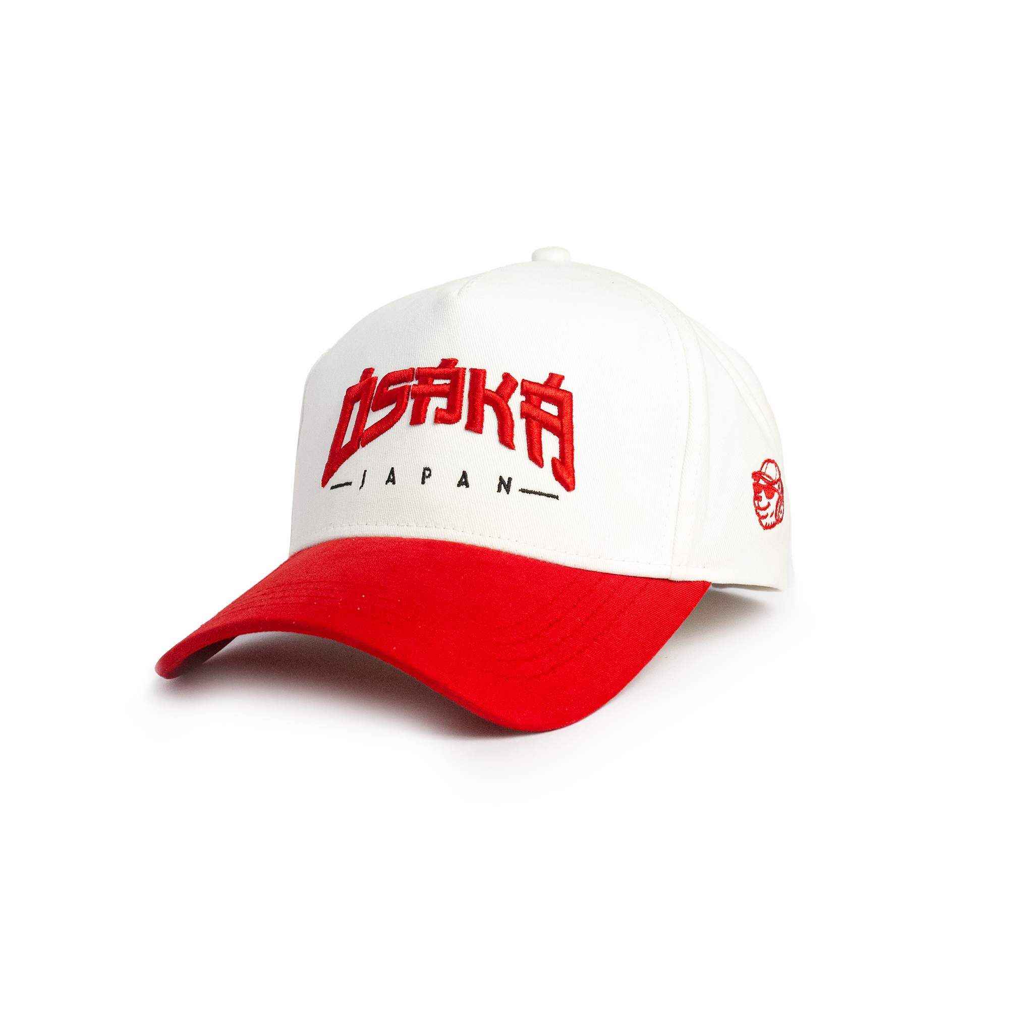 Front view of Japan Street white baseball cap with deep red Osaka Japan embroidered lettering and red brim — premium caps for men and women