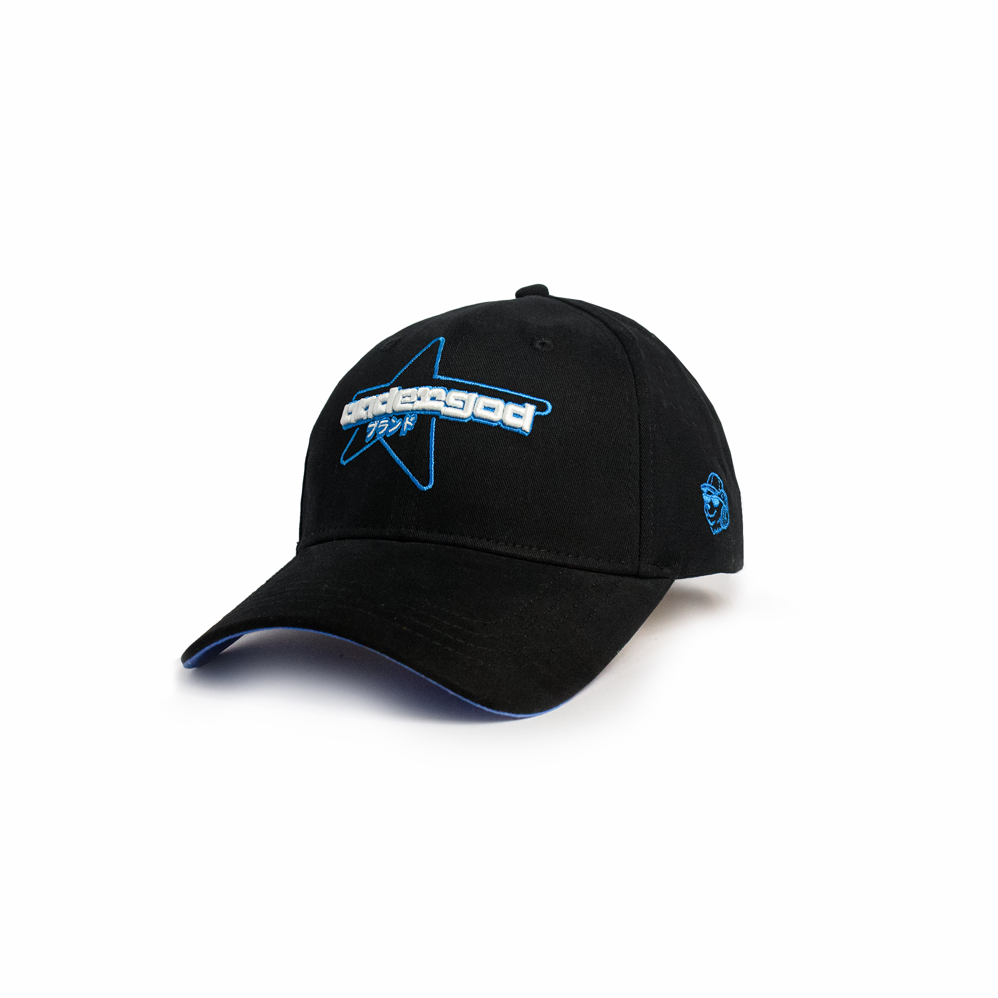 Front view of Starmode black snapback cap showing bold blue star graphic and white branded embroidery — premium caps for men and women