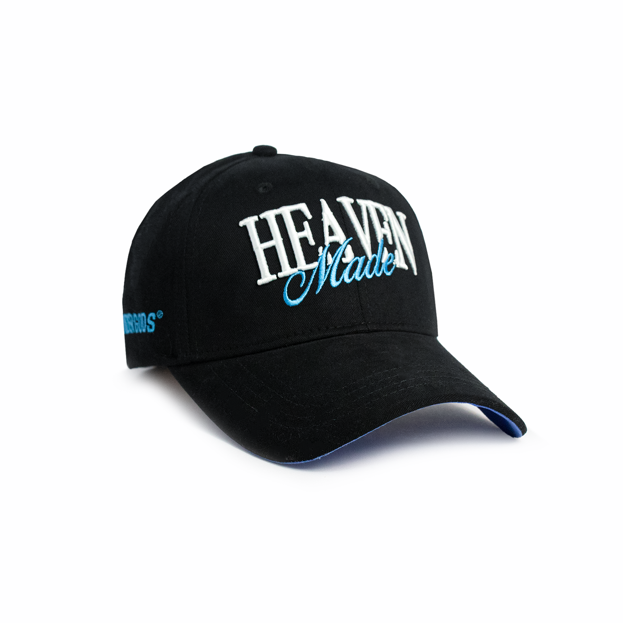Black Heaven Made embroidered baseball cap with white and blue 3D puff lettering, angled side view on white background