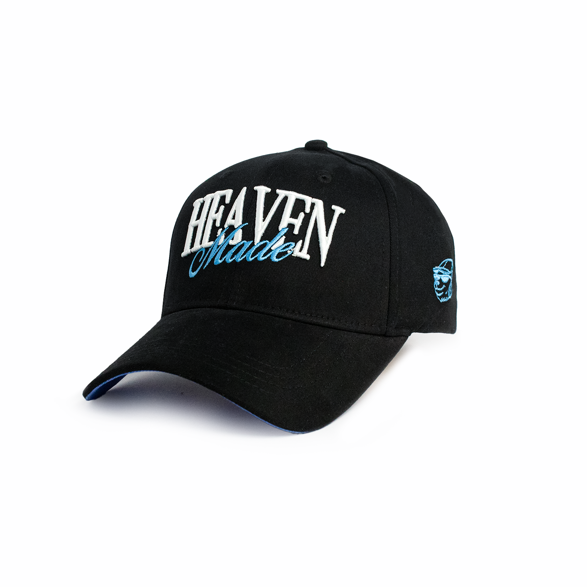 Front view of black Heaven Made snapback cap showing bold embroidered logo in white and sky blue