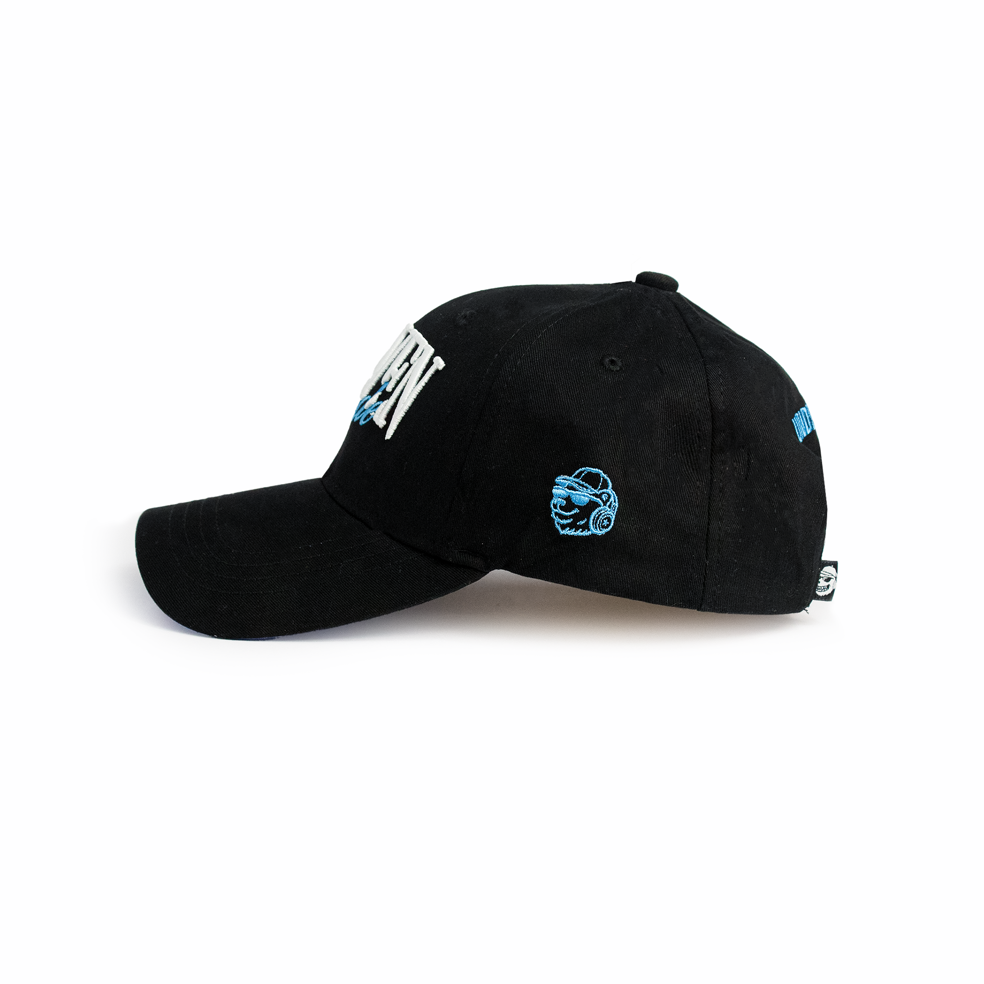 Side profile of black streetwear baseball cap with curved brim and blue undervisor detail
