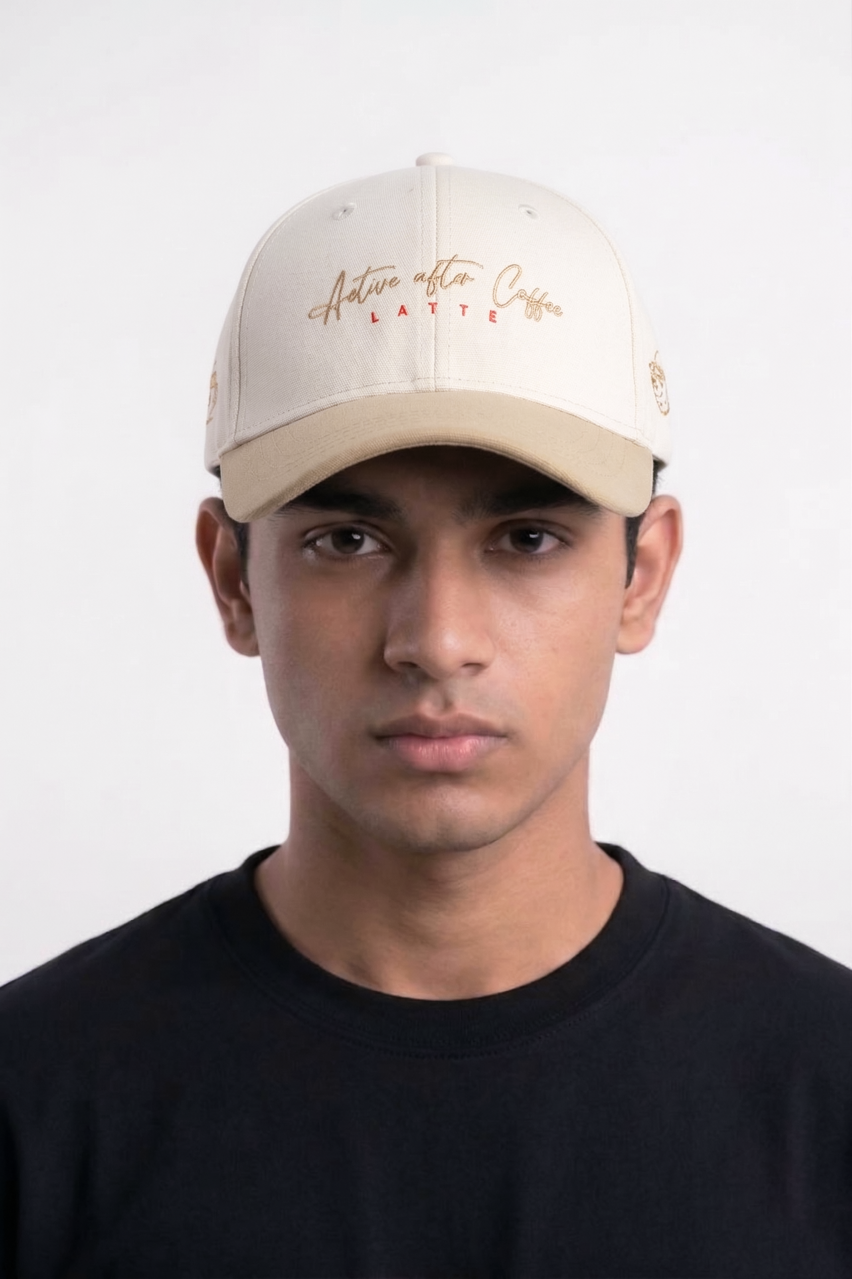 Woman wearing Active After Coffee beige script embroidered baseball cap — best aesthetic summer cap for women India