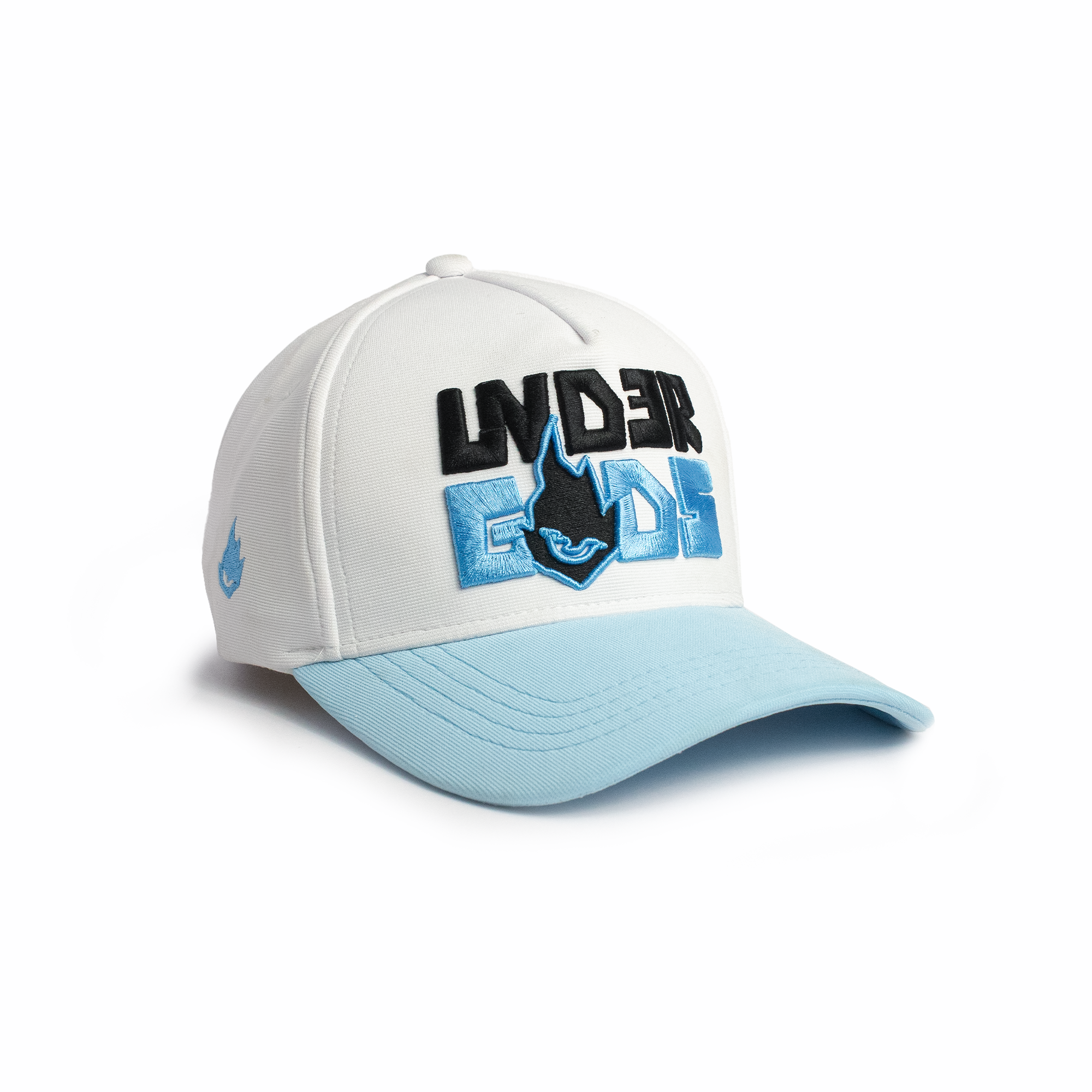Frost Flames white and sky blue two-tone baseball cap with black and blue 3D graffiti Underdogs embroidery and flame logo — best snapback cap for men, angled side view on white background
