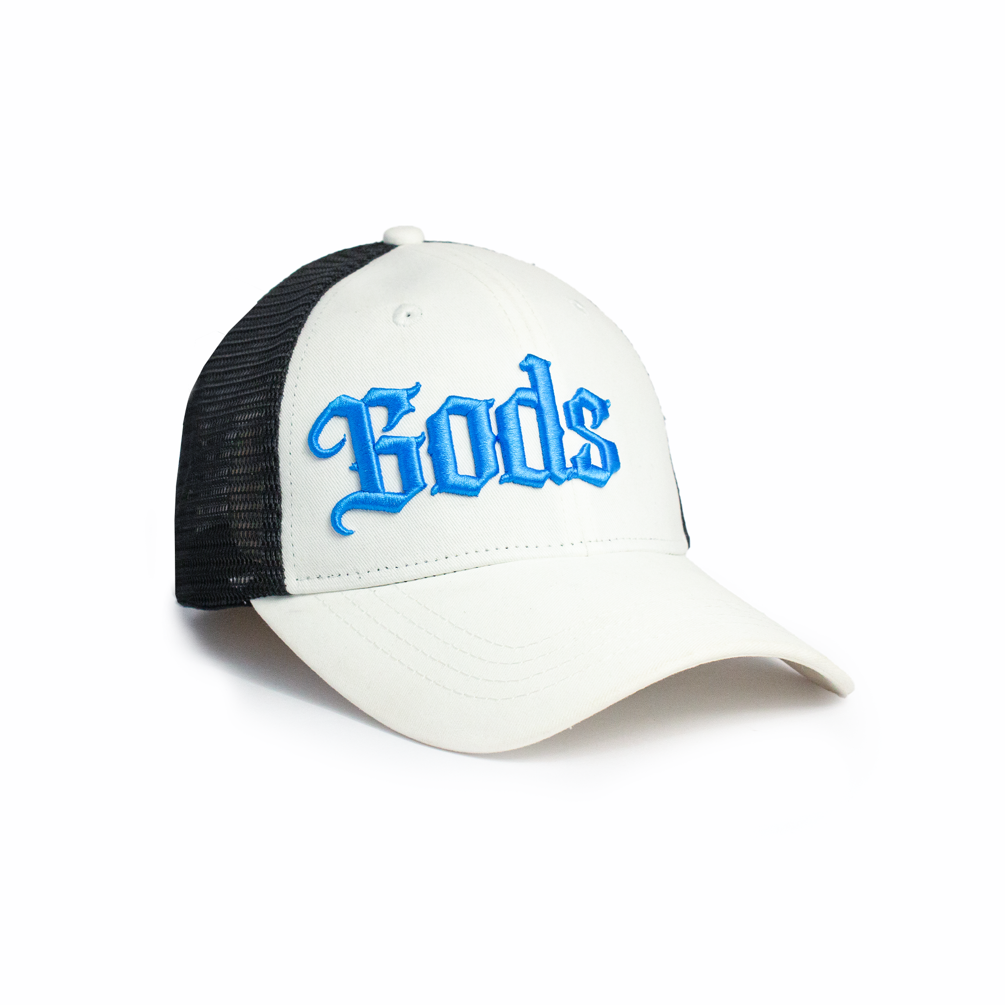 Gods white and black trucker cap with electric blue old-english 3D embroidery and black mesh back — best snapback trucker cap for men, angled side view on white background