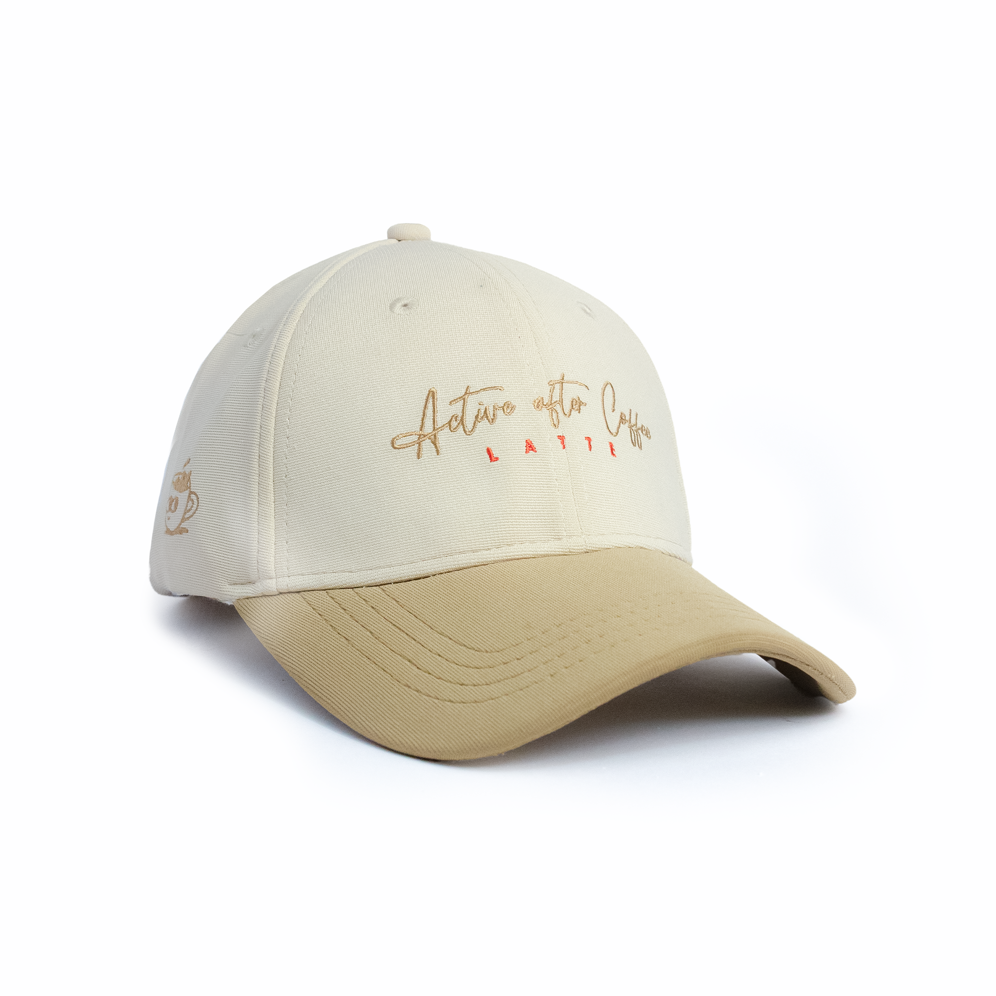 Active After Coffee beige and latte two-tone baseball cap with gold script embroidery and tan curved brim — best snapback cap for women, angled side view on white background