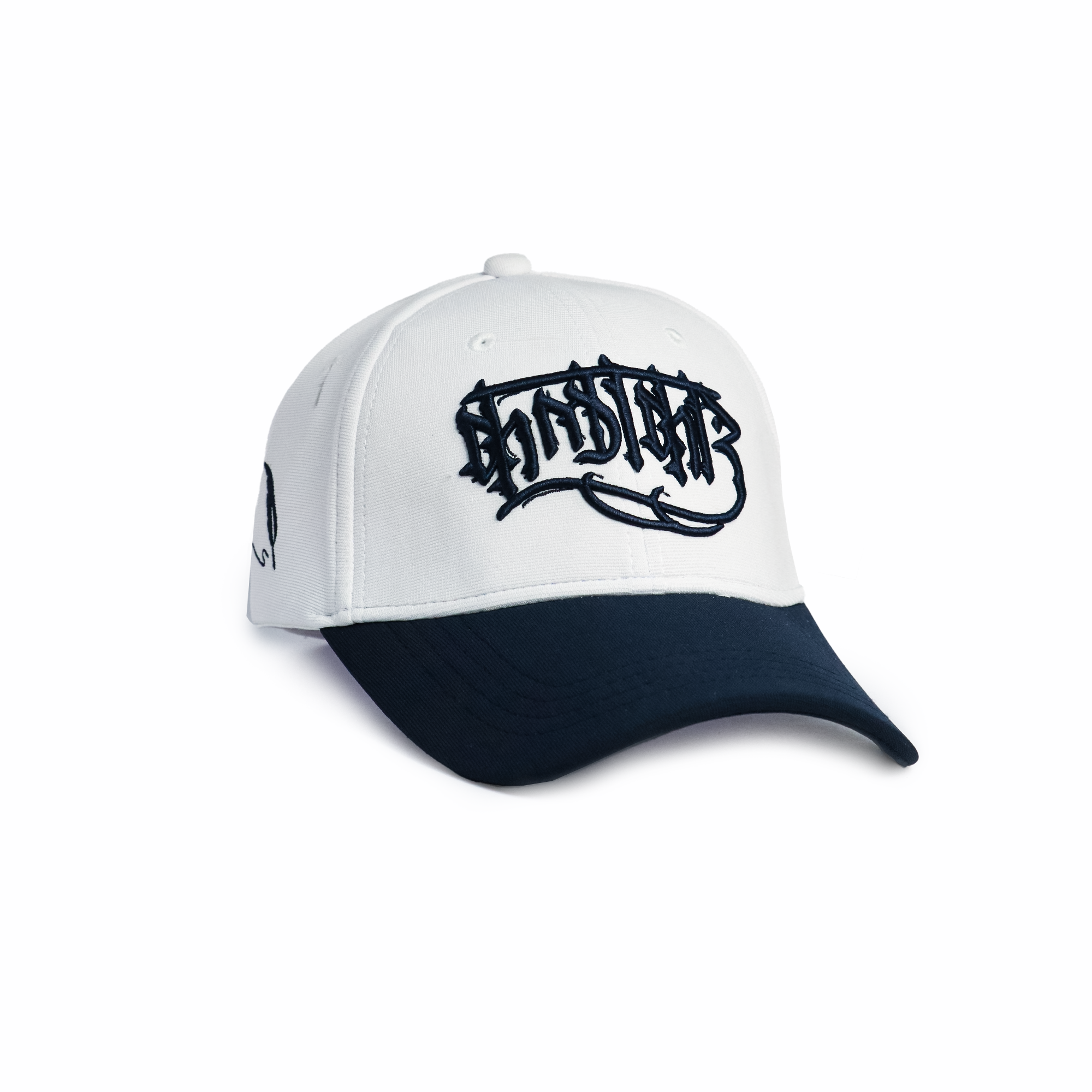 Kalakar white and navy two-tone baseball cap with dark gothic old-english 3D embroidery — best snapback cap for men, angled side view on white background