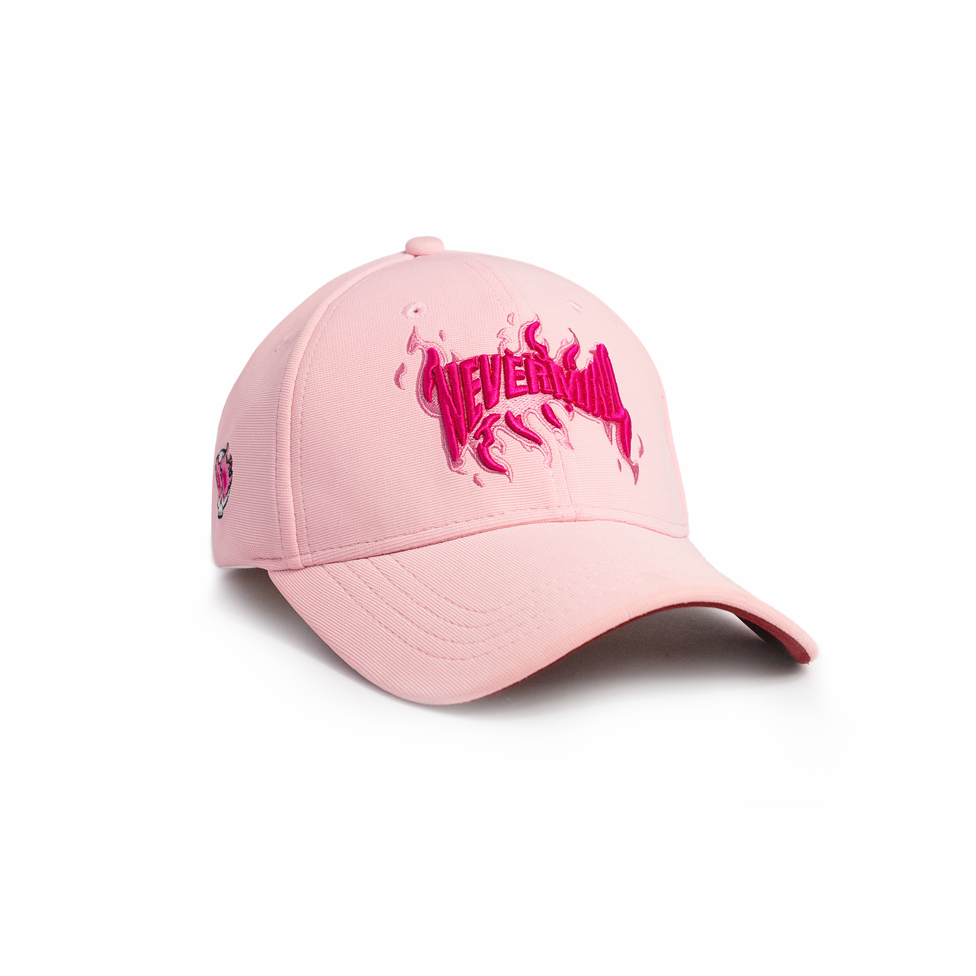 Nevermind pink baseball cap with bold hot-pink 3D flame embroidery and Nevermind lettering — best snapback cap for women, angled side view on white background