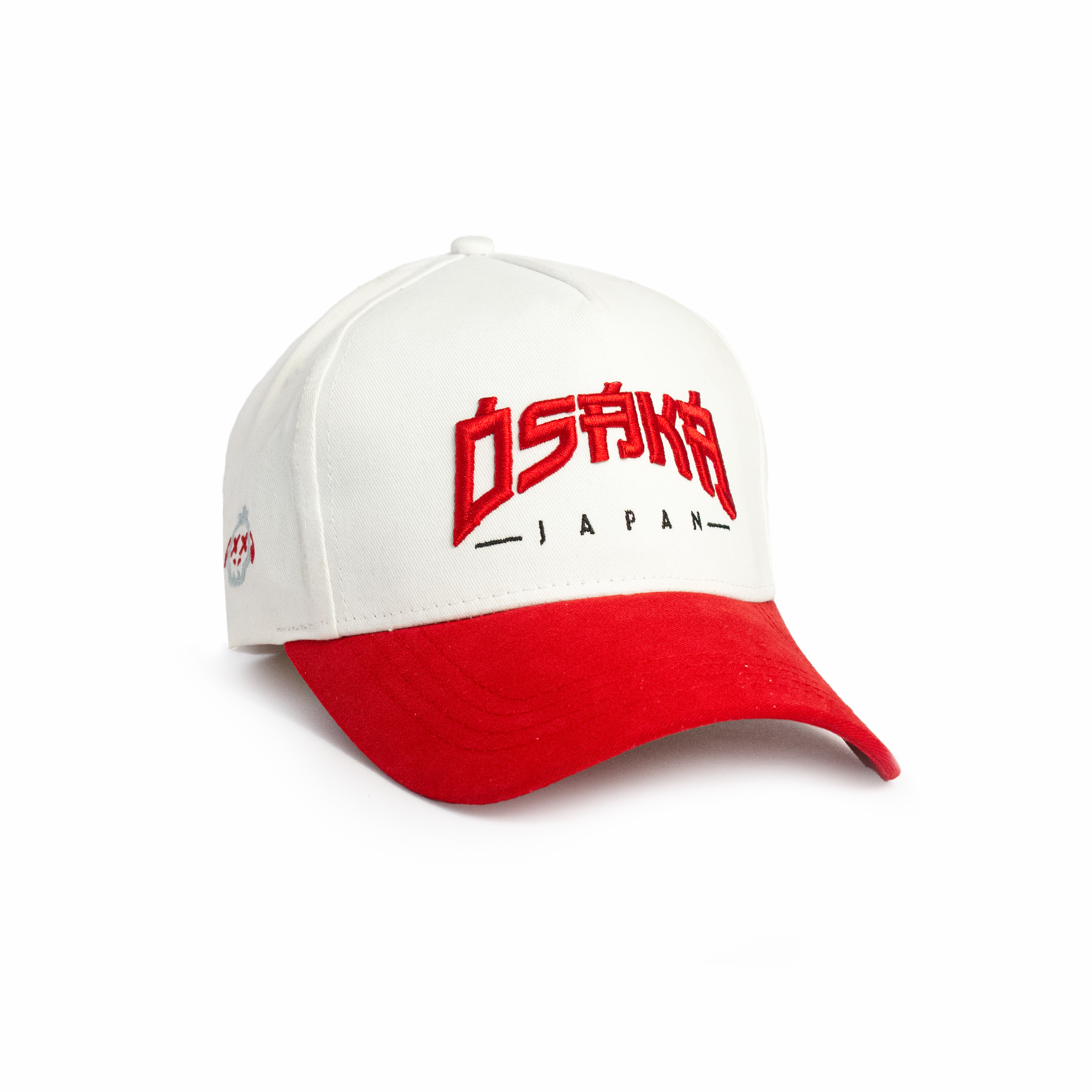 Japan Street white and red two-tone baseball cap with bold red Osaka Japan 3D embroidery — best snapback cap for men, angled side view on white background