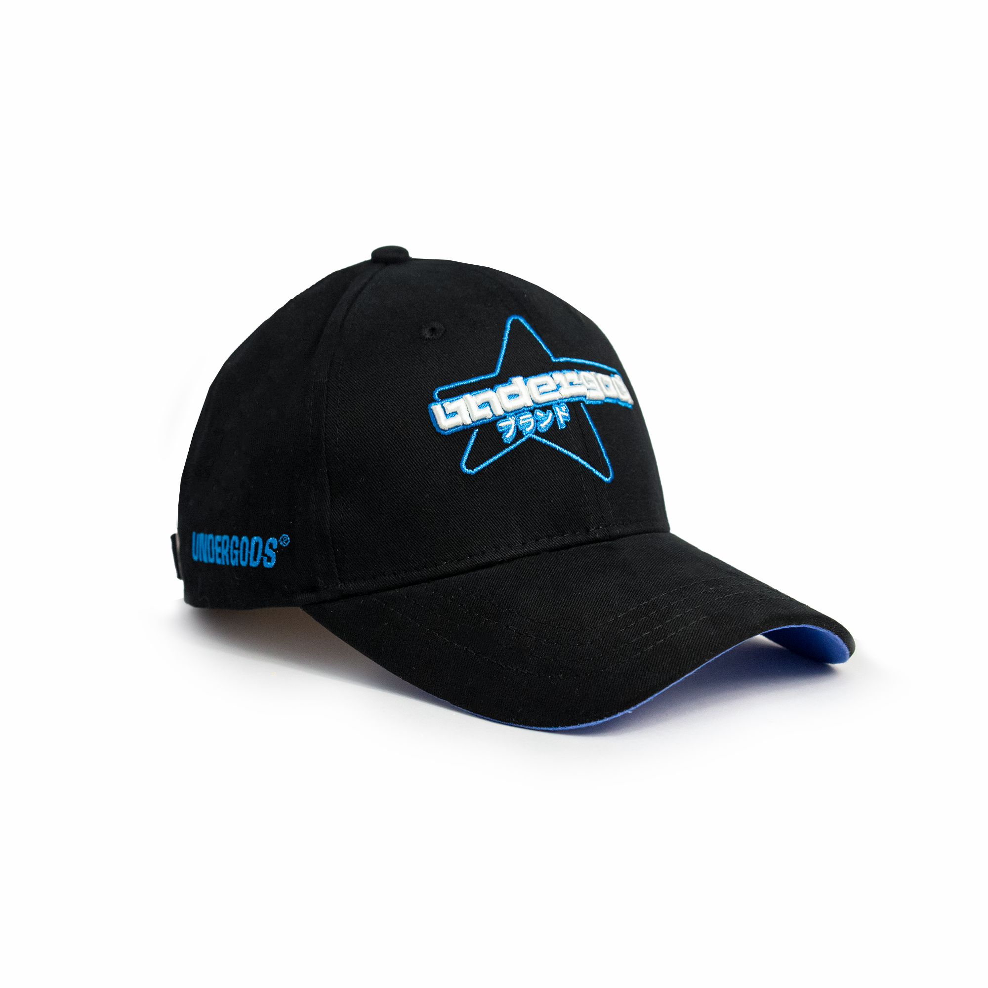 Starmode black baseball cap with blue star outline and Japanese katakana embroidery — best snapback cap for men, angled side view on white background