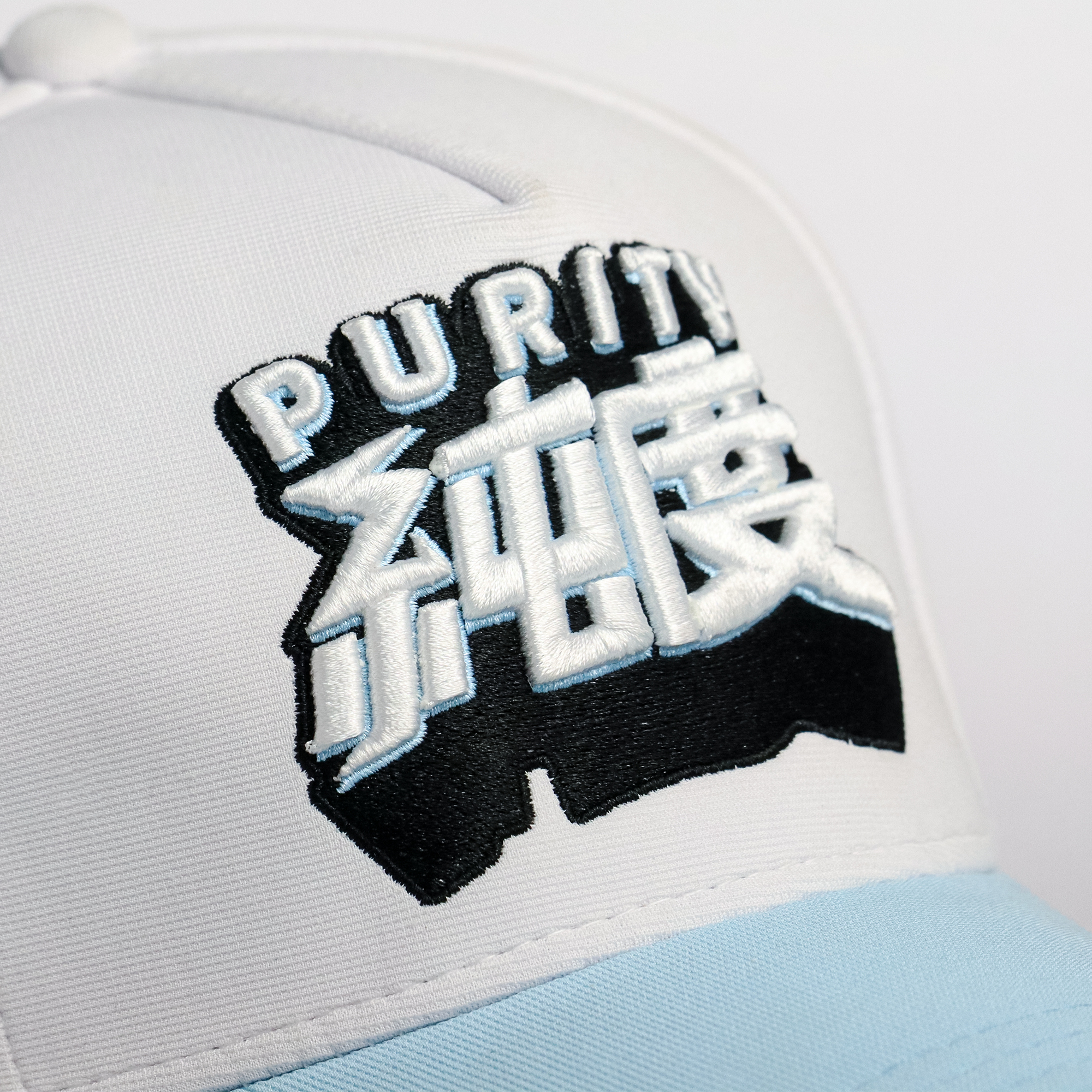 Purity sky blue and white embroidered Baseball cap front view