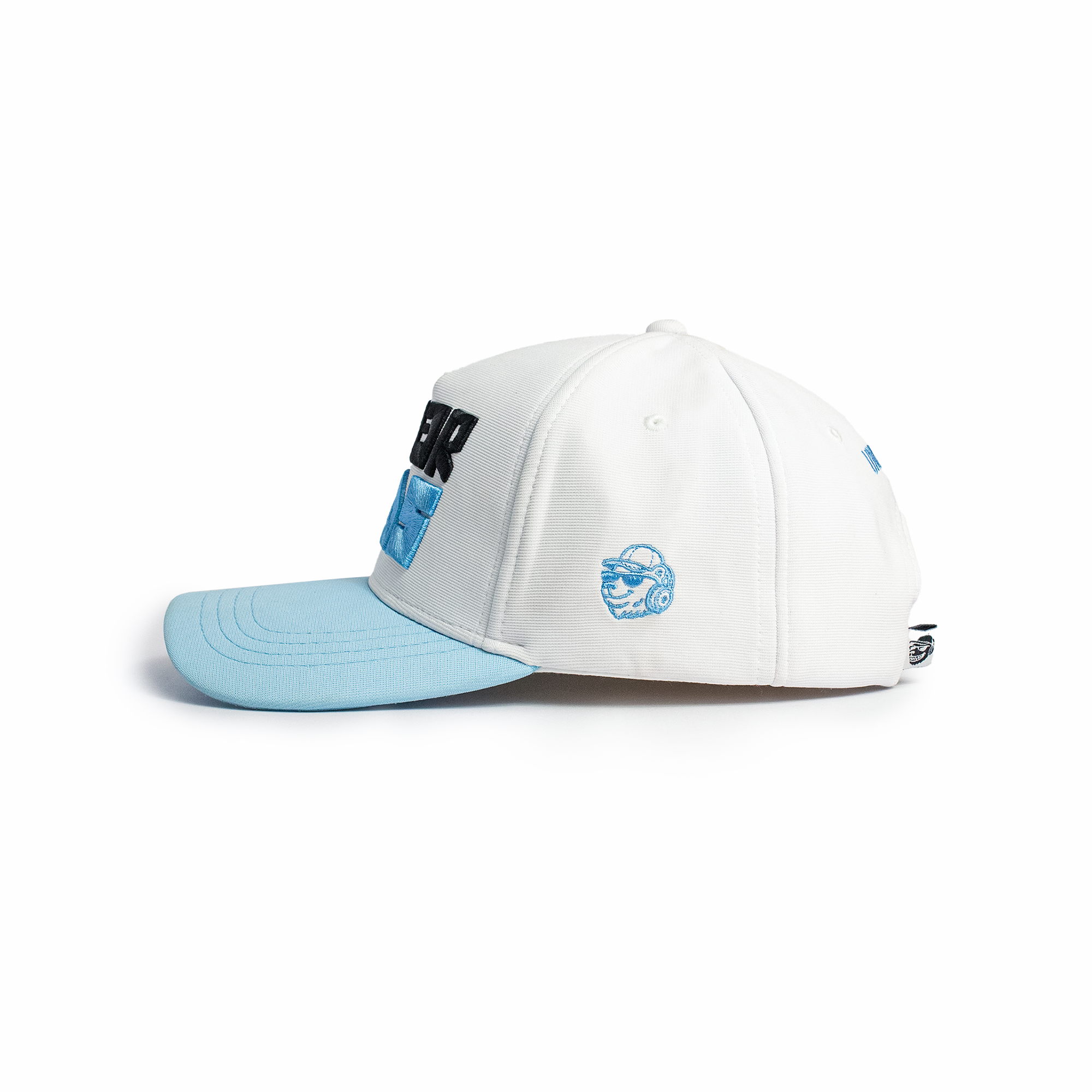 Side profile of white and sky blue two-tone snapback cap with curved blue brim — lightweight summer cap for men