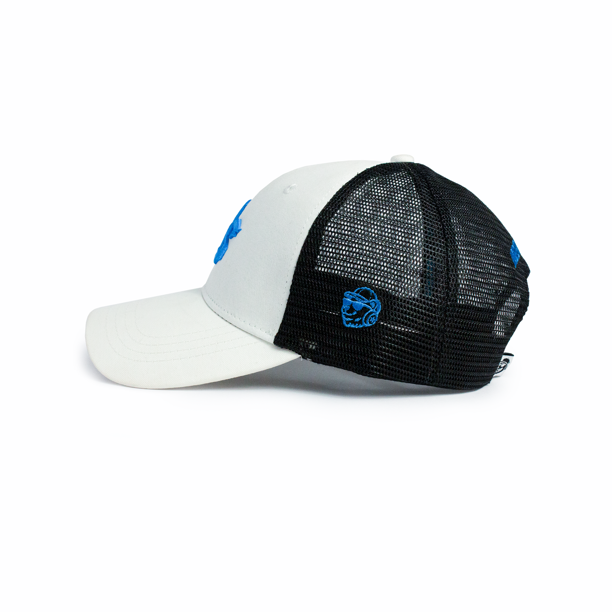 Side profile of white and black trucker snapback cap with curved brim and breathable mesh back panel — summer cap for men