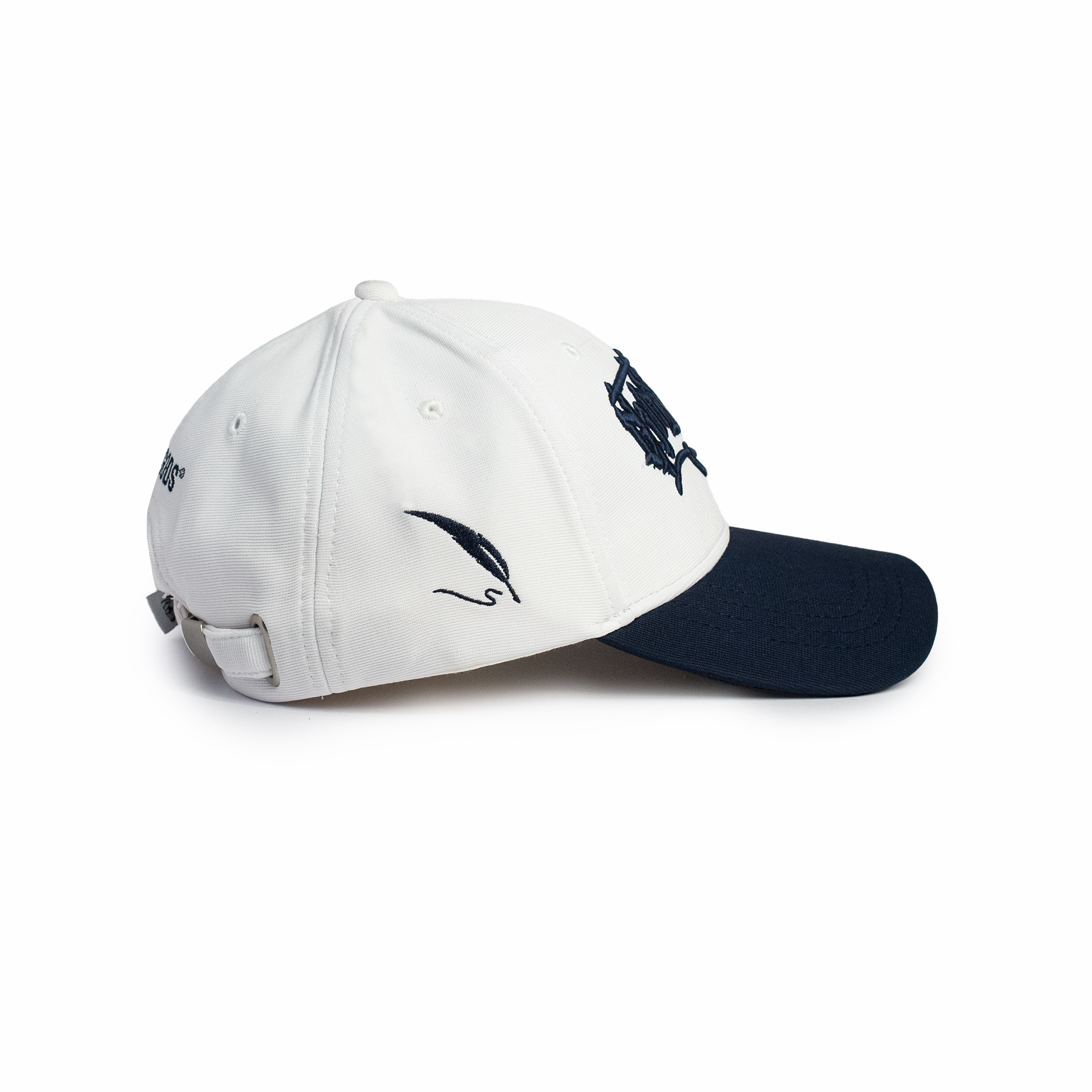 Side profile of white and navy two-tone snapback baseball cap with curved navy brim — summer cap for men streetwear style