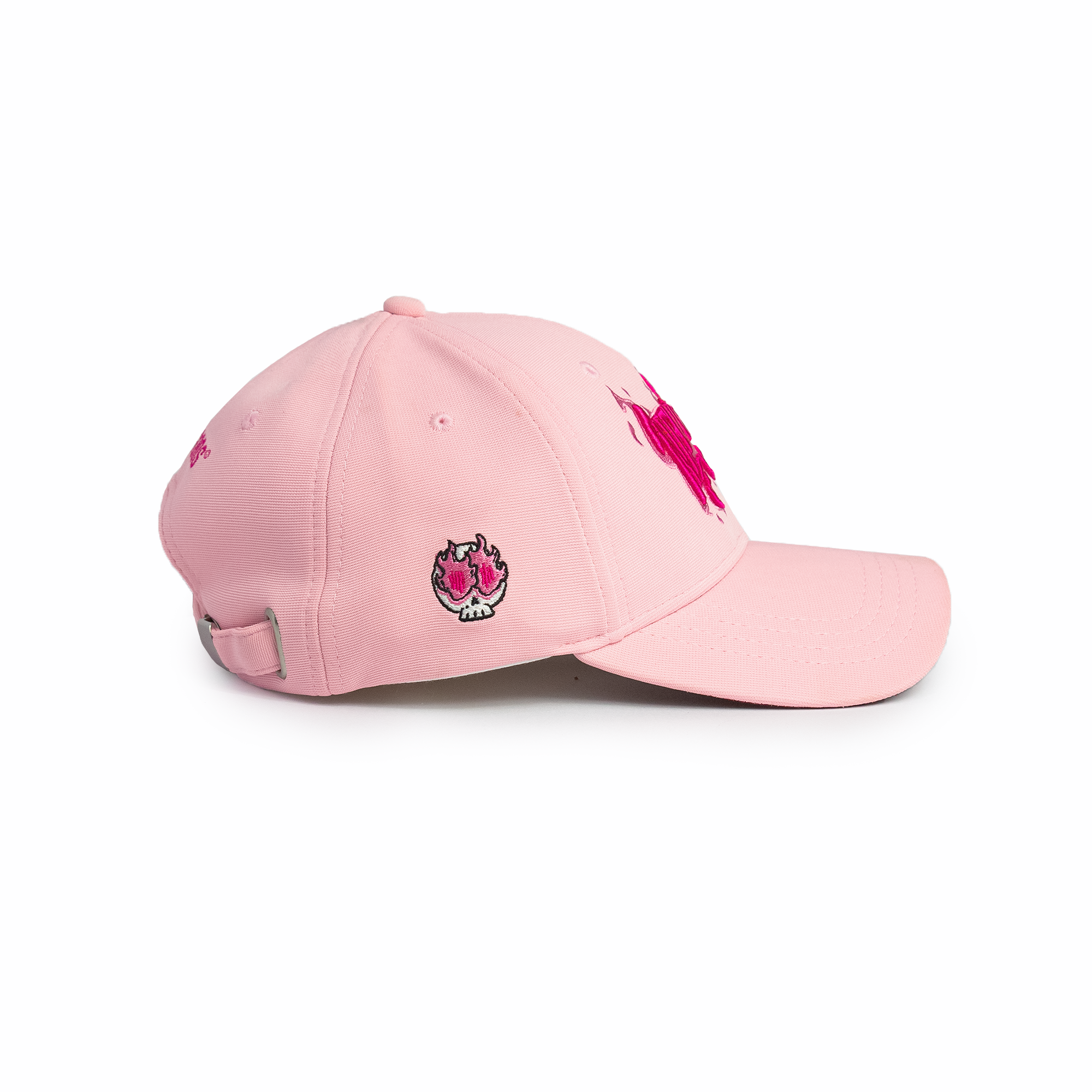 Side profile of pink structured baseball cap with curved brim and embroidered side logo detail — summer cap for women