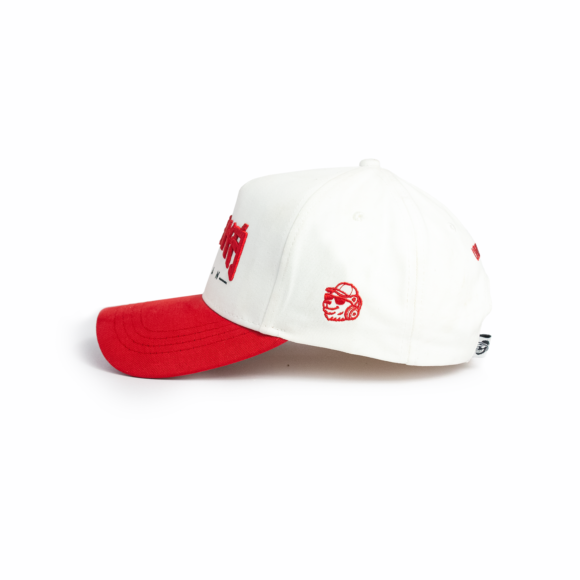 Side profile of white and red two-tone snapback baseball cap with bold red curved brim — summer cap for men Japanese streetwear style