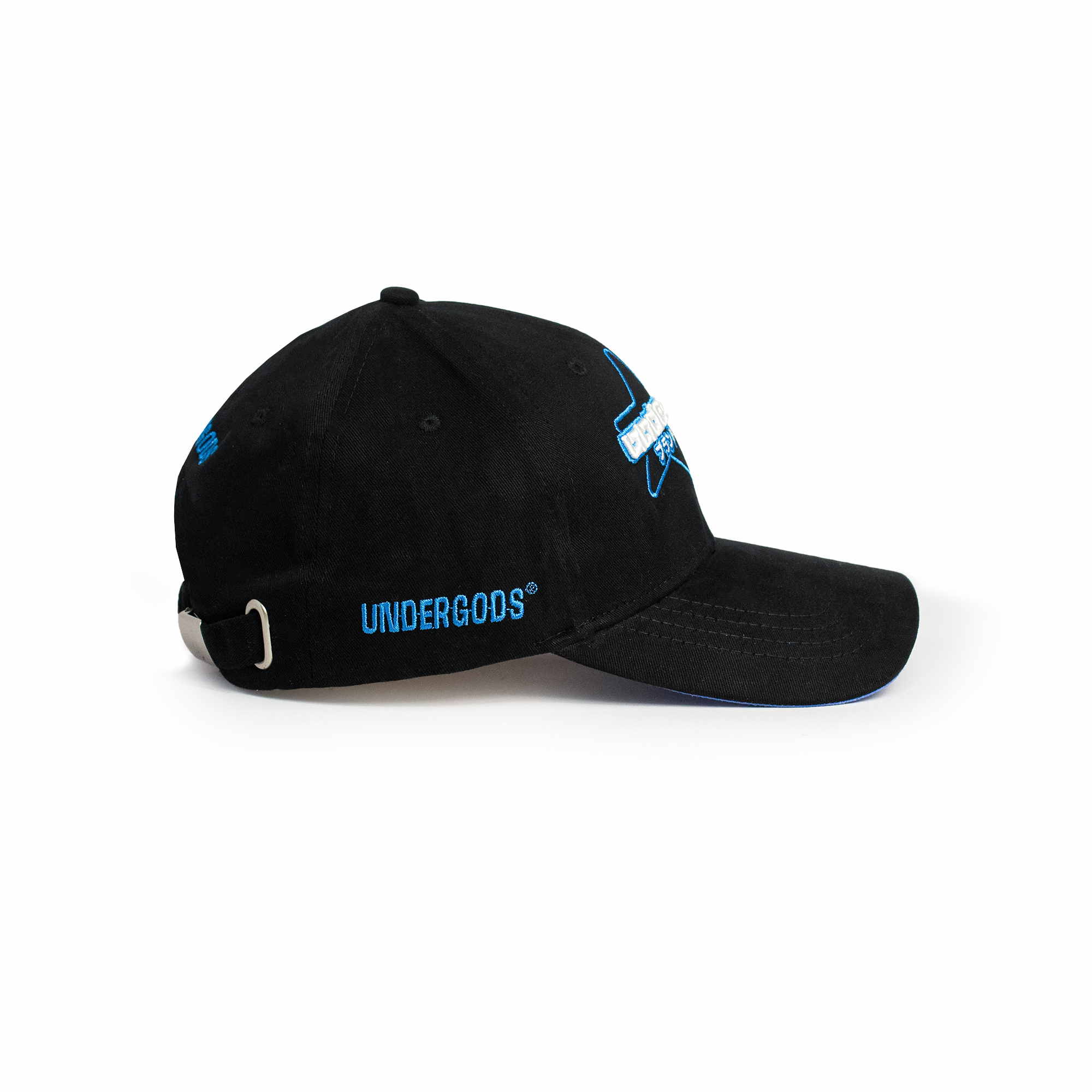 Side profile of black baseball cap with curved brim and blue undervisor detail — summer cap for men streetwear style